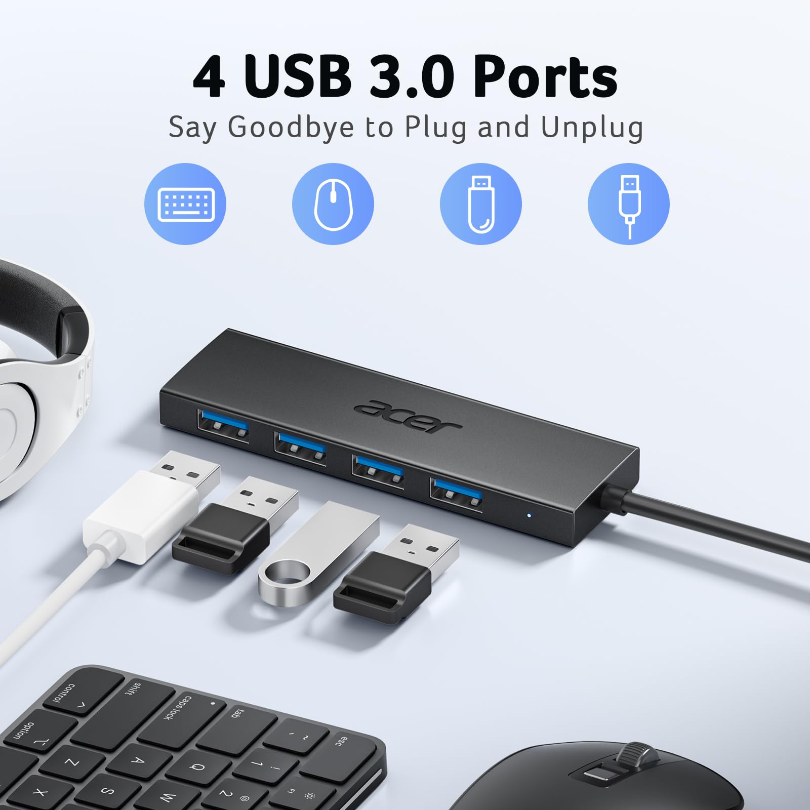 Acer USB Hub 3.0, 4-Port Ultra Slim USB-A Adapter, Type-C Compatible with Windows, Linux, Acer, Surface, Chromebook